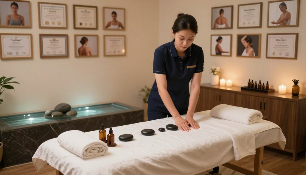 A serene and inviting massage therapy room, showcasing various massage specialties that enhance earnings. In the foreground, a well-organized massage table lined with professional linens, equipped with essential oils and stones for different treatments. In the middle, a well-dressed massage therapist demonstrating a technique, wearing a smart polo and pants, exuding professionalism. Background elements include a calming water feature, soft ambient lighting, and a wall adorned with framed certificates and images representing various massage types such as deep tissue, aromatherapy, and sports massage. The atmosphere is tranquil and rejuvenating, inviting viewers to appreciate the diverse specializations in massage therapy, captured from a slightly elevated angle to convey depth and warmth.