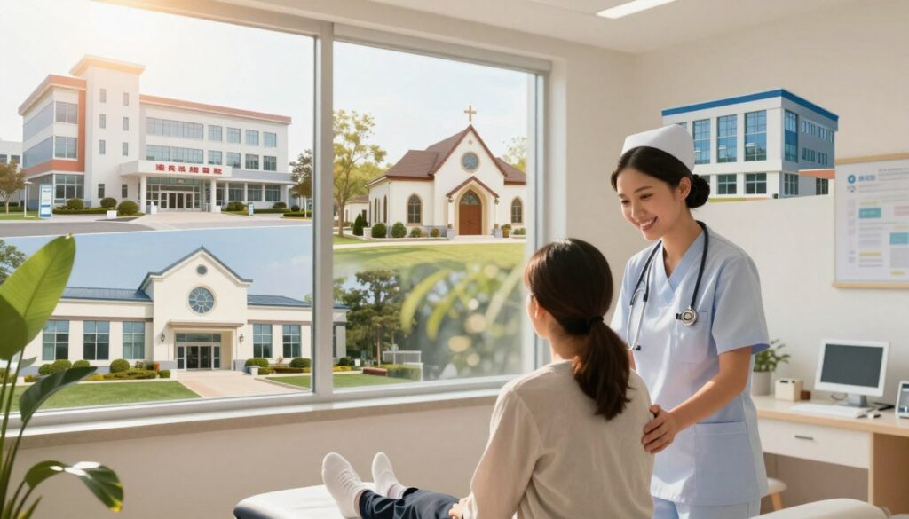 A serene healthcare environment showcasing different types of care facilities. In the foreground, a friendly nurse in professional attire is assisting a patient in a bright, modern examination room. In the middle, a collage of distinct facility types is illustrated: a public hospital building with an emergency entrance, a quaint church-affiliated clinic with a welcoming facade, and a sleek private medical office. In the background, open green spaces can be seen, symbolizing ambulatory care and wellness. The lighting is warm and inviting, with soft rays of sunlight filtering through the windows, creating an atmosphere of compassion and professionalism. The composition is taken from a slightly elevated angle to capture both the nurse's interaction and the diverse facility types harmoniously. A serene healthcare environment showcasing different types of care facilities. In the foreground, a friendly nurse in professional attire is assisting a patient in a bright, modern examination room. In the middle, a collage of distinct facility types is illustrated: a public hospital building with an emergency entrance, a quaint church-affiliated clinic with a welcoming facade, and a sleek private medical office. In the background, open green spaces can be seen, symbolizing ambulatory care and wellness. The lighting is warm and inviting, with soft rays of sunlight filtering through the windows, creating an atmosphere of compassion and professionalism. The composition is taken from a slightly elevated angle to capture both the nurse's interaction and the diverse facility types harmoniously.