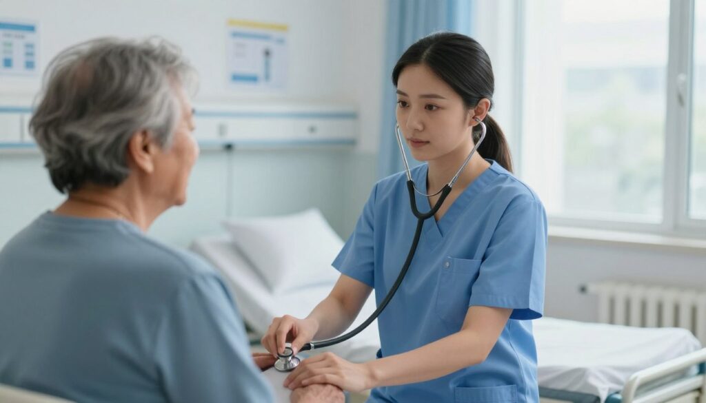 A serene hospital environment showcasing the healthcare sector, focusing on a professional nurse in scrubs and a lab coat, interacting with a diverse elderly patient. In the foreground, the nurse is conducting a health assessment, using a stethoscope with a caring expression, emphasizing professionalism and compassion. The middle ground features a well-lit hospital room with medical equipment, charts on the walls, and a gentle color palette of blues and whites that evokes a calming atmosphere. The background displays a window with soft natural light filtering through, creating an inviting ambiance. The overall mood is one of trust and support, highlighting the importance of specialization and various factors influencing nurses' salaries in healthcare.