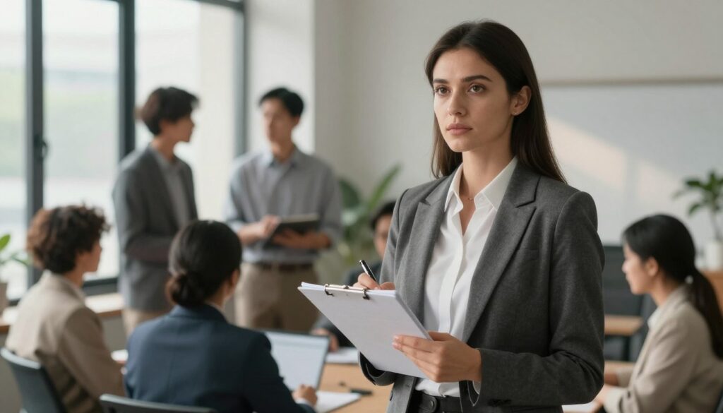 A serene office environment, featuring a professional young woman in business attire who embodies confidence and assertiveness. She stands calmly with a determined expression, holding a notepad and pen as she prepares to document her experiences of workplace bullying. In the background, a diverse group of coworkers engage in casual conversation, representing a supportive atmosphere. Soft, natural lighting filters through large windows, casting gentle shadows that enhance the mood of resilience and strength. The scene is framed from a slightly low angle to emphasize the woman’s empowerment, with a focus on her posture and the determination in her eyes. Overall, the image conveys a sense of professionalism, tranquility, and readiness to take action against workplace harassment.