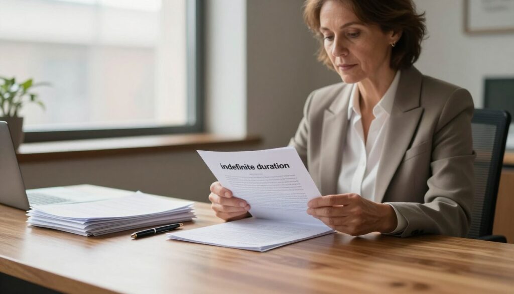 A serene office environment illustrating the concept of "indefinite duration" in a professional context. In the foreground, a polished wooden desk is adorned with a neatly arranged stack of paperwork and a pen, symbolizing commitment and continuity. The middle ground features a well-dressed professional, a middle-aged Caucasian woman, thoughtfully reviewing documents, highlighting the diligence in decision-making regarding indefinite contracts. In the background, soft natural light filters through large windows, casting gentle shadows, creating a calm and focused atmosphere. The color palette is warm and inviting, featuring earthy tones, encouraging a sense of stability and certainty. The image captures the essence of thoughtful deliberation in a professional setting.