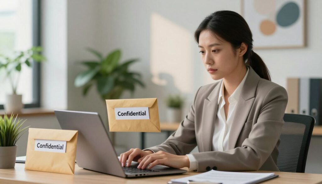 A serene office setting illustrating the concept of confidentiality in reporting workplace bullying. In the foreground, a professional businesswoman in a smart outfit is typing on a laptop, her expression focused yet contemplative. In the middle ground, there’s a subtle visual of a secure envelope labeled "Confidential" on the desk, symbolizing anonymity. The background features a softly lit office environment with potted plants and abstract art on the walls, creating a calm atmosphere. Soft, natural lighting filters through a window, casting gentle shadows that emphasize the professional yet secretive mood. The overall composition suggests trust, safety, and the importance of confidential reporting. The image should be well-balanced and visually appealing without any text or distractions.