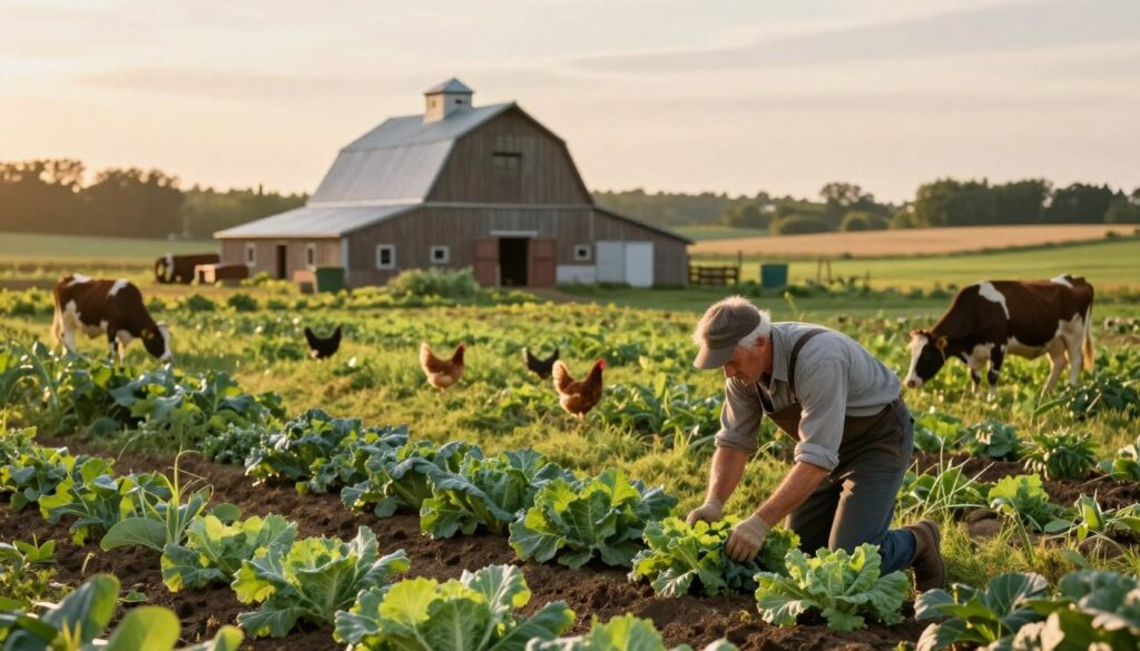 A serene rural farm setting depicting a lush, green landscape at golden hour, showcasing a modest farmhouse with a rustic barn in the background. In the foreground, a farmer in professional attire is carefully tending to a flourishing vegetable garden, a symbol of hard work and dedication. The middle ground features a few farm animals, such as chickens and cows, peacefully grazing or roaming, representing the daily life on a family farm. Soft, warm lighting casts gentle shadows, creating a tranquil and nostalgic atmosphere. The lens captures a wide-angle view that encompasses the expansive fields, hinting at the importance of agricultural work in relation to retirement contributions. The overall mood is reflective, emphasizing the significance of farm work in securing a future.