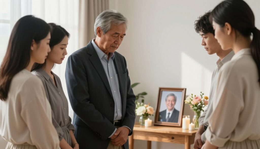 A serene scene depicting a professional and respectful interpretation of a deceased father figure. In the foreground, a grieving family stands together, wearing modest and professional attire, their expressions a blend of sorrow and hope. In the middle ground, a framed photograph of the father, placed on a simple wooden table, captures a warm smile, surrounded by flowers and candles in remembrance. The background features a softly lit room with curtains drawn, allowing gentle sunlight to illuminate the space, creating an atmosphere of peace and reflection. The lens should capture the emotions of the moment from a slight angle, emphasizing the bond of love and unity among the family members as they honor the memory of their father.