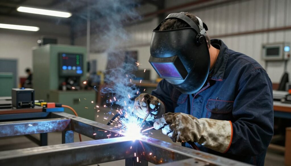 A skilled TIG welder in a workshop setting, demonstrating intricate welding techniques on a metal structure. In the foreground, the welder, wearing a protective helmet and work gloves, is focused on a glowing weld seam, showcasing the sparks flying around. The middle ground features various welding equipment and tools, emphasizing an environment rich in technical skill. The background showcases a spacious workshop filled with metal sheets and machinery, softly lit by overhead fluorescent lights, creating a professional atmosphere. The image conveys determination and expertise, reflecting the relationship between experience and earnings in the TIG welding profession. The scene should evoke a sense of craftsmanship and dedication.