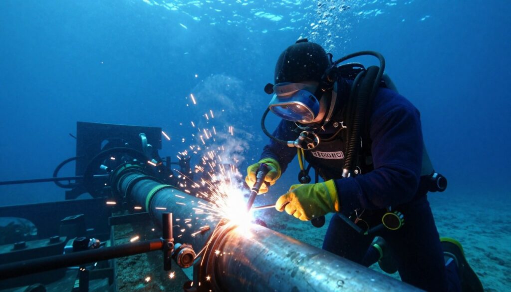 A skilled underwater welder is focused at work in a vibrant, submerged environment. In the foreground, the welder, dressed in a sturdy wetsuit and a protective helmet, uses specialized equipment to fuse metal pipes. Bright sparks fly from the welding torch, illuminating the water around them. In the middle ground, various underwater structures and machinery can be seen, showcasing the complexity of their work. The background is filled with deep blue water, with shafts of sunlight filtering down, creating a serene yet industrious atmosphere. The overall mood is one of determination and expertise, emphasizing the critical and highly valued role of underwater welding in industry. The angle captures both the action and the surrounding underwater environment, highlighting the skill required for this profession. A skilled underwater welder is focused at work in a vibrant, submerged environment. In the foreground, the welder, dressed in a sturdy wetsuit and a protective helmet, uses specialized equipment to fuse metal pipes. Bright sparks fly from the welding torch, illuminating the water around them. In the middle ground, various underwater structures and machinery can be seen, showcasing the complexity of their work. The background is filled with deep blue water, with shafts of sunlight filtering down, creating a serene yet industrious atmosphere. The overall mood is one of determination and expertise, emphasizing the critical and highly valued role of underwater welding in industry. The angle captures both the action and the surrounding underwater environment, highlighting the skill required for this profession.