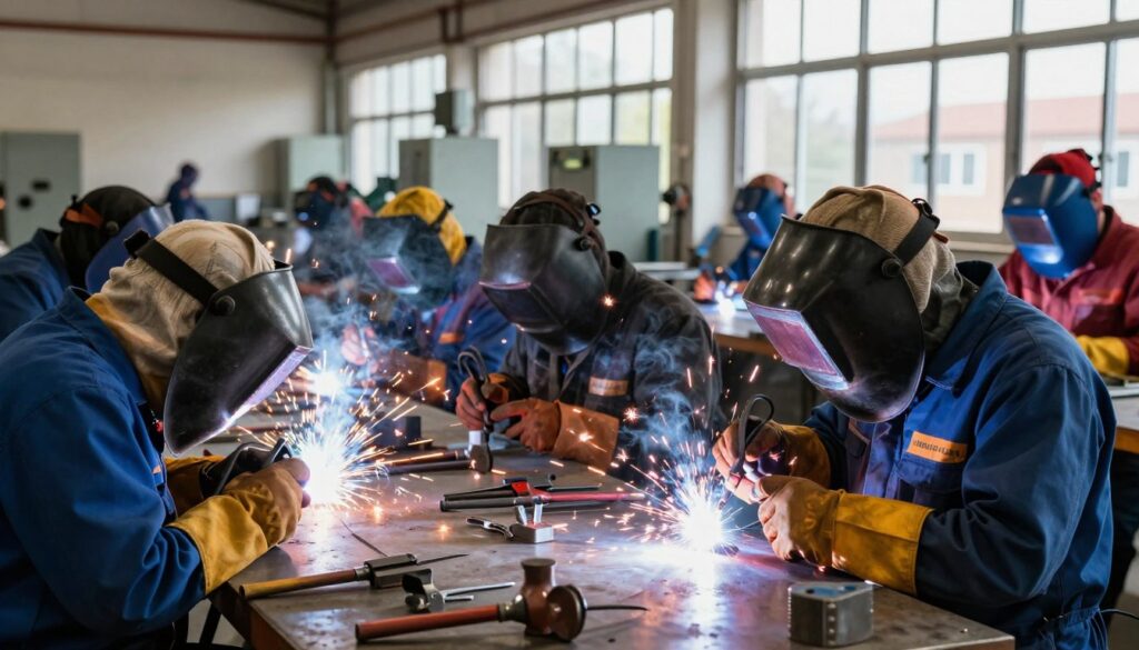 A skilled welder in a professional workshop, focused on meticulous welding techniques. The foreground features a diverse group of welders, wearing safety gear and helmets, expertly working on metal pieces with sparks flying. In the middle ground, various welding tools are arranged neatly, highlighting the precision of the craft. The background displays a bright workshop with industrial equipment and large windows letting in natural light, casting dynamic shadows. The overall atmosphere is industrious and vibrant, reflecting the expertise and focus required in welding specialization. Use high contrast lighting to emphasize the sparks and the details of the welders’ movement, capturing a sense of professionalism and dedication in the trade.