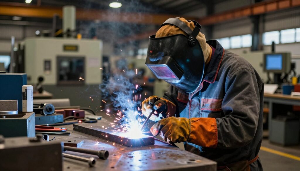 A skilled welder working in a modern industrial setting, surrounded by various welding equipment and safety gear. The foreground features the welder in action, wearing a helmet and protective clothing, intensely focused on a metal piece glowing from welding sparks. In the middle ground, a workspace filled with tools and materials reflects a busy but organized environment. The background shows a large factory with machinery and dim lighting, suggesting an active and dynamic atmosphere. Warm lighting highlights the welder's movements, creating a sense of dedication and professionalism. The scene conveys the impact of training and certifications on a welder's skills and potential earnings, encapsulating the theme of the job market in this field.