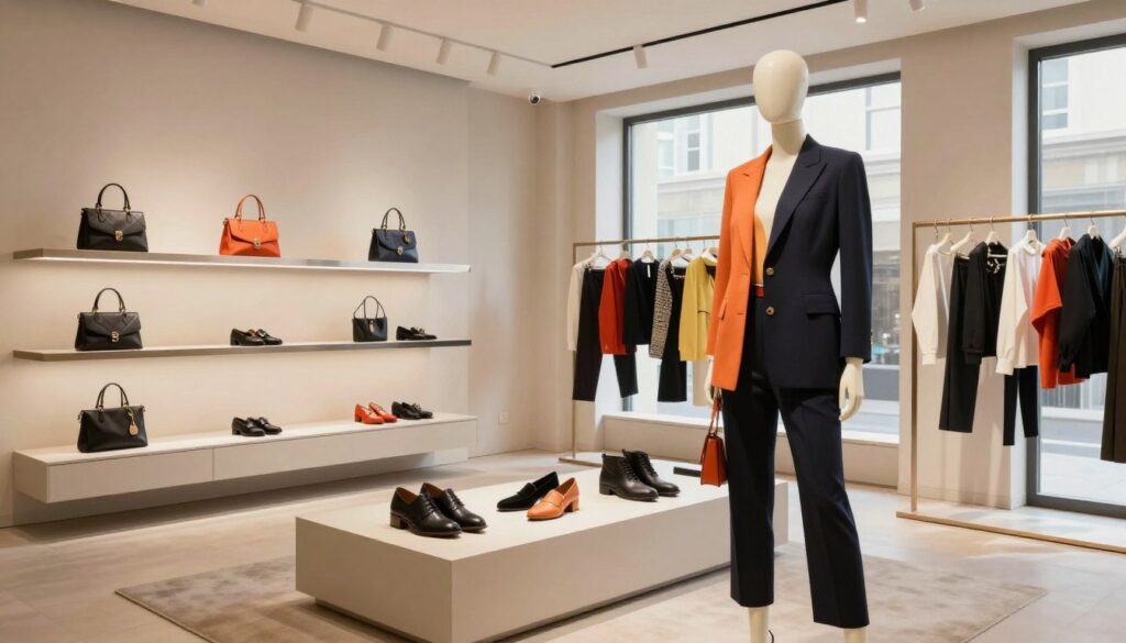 A sleek and modern fashion showroom interior, showcasing the essence of the "19V69 Italia" brand. In the foreground, a mannequin elegantly displays a stylish outfit from the collection, embodying contemporary Italian fashion with clean lines and vibrant colors. The middle ground features a well-organized display of various "19V69 Italia" accessories, like handbags and footwear, all arranged artistically on minimalist shelves. In the background, large windows allow natural light to flood the space, casting soft shadows and creating a warm atmosphere. The overall mood is sophisticated and inviting, hinting at luxury and Italian craftsmanship. The camera angle is slightly low, emphasizing the outfits and accessories while providing a comprehensive view of the showroom's layout. The scene is devoid of any text or distracting elements, purely focusing on the brand's aesthetic.