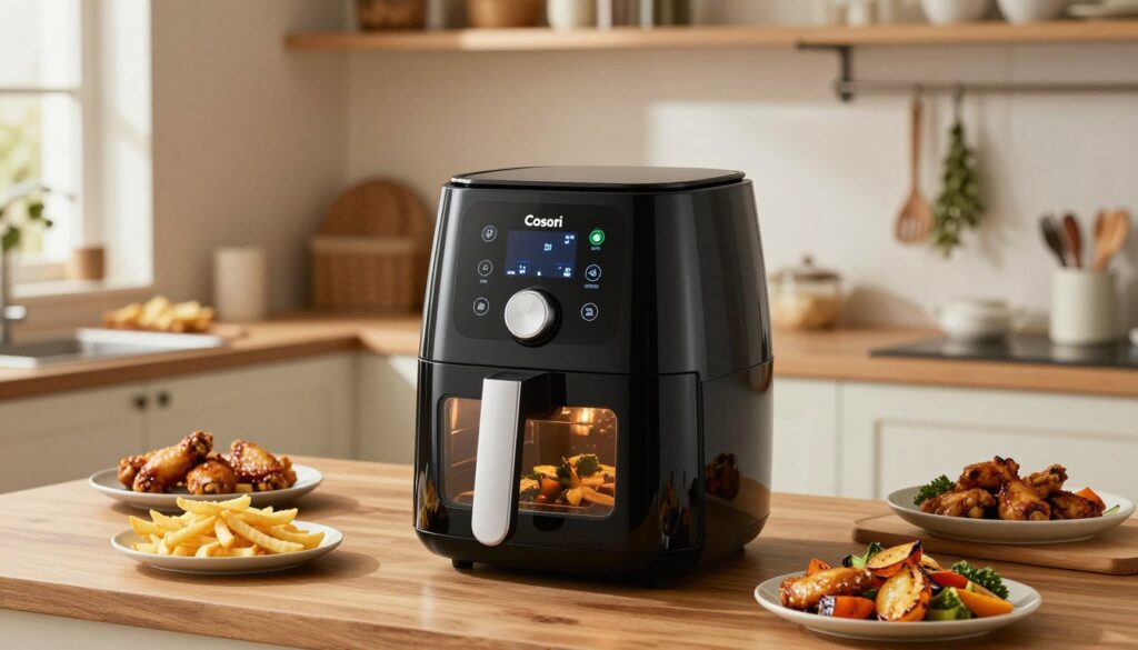 A sleek, modern air fryer from Cosori, prominently displayed in the foreground on a wooden kitchen countertop. The fryer features a digital touchscreen, large viewing window, and a stylish design in deep black with silver accents. Surrounding the air fryer, an assortment of prepared dishes, such as crispy fries, chicken wings, and roasted vegetables, showcase its versatility. In the middle ground, soft lighting highlights the kitchen's contemporary, inviting decor, with subtle touches like hanging herbs and utensils arranged neatly. The background reveals a well-organized kitchen with warm earth tones and natural light streaming through a window, creating a cozy atmosphere. The overall mood conveys innovation and ease of cooking, ideal for modern home chefs.