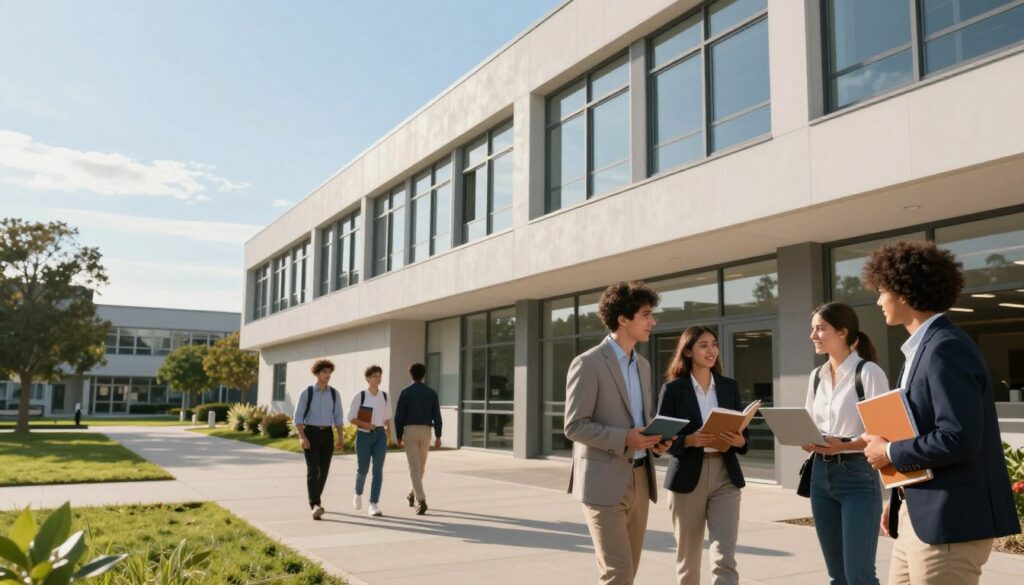 A sleek, modern technikum building viewed from an angle that showcases its architecture, emphasizing large windows and sustainable design elements. In the foreground, a small group of diverse students, dressed in professional business attire, are engaged in a discussion, holding textbooks and laptops, symbolizing collaborative learning. In the middle ground, a few students are seen walking towards the entrance, displaying a sense of purpose and ambition. The background features a softly lit, clear blue sky, with trees lining the campus, suggesting a tranquil yet focused atmosphere conducive for education. The overall mood is optimistic, emphasizing opportunity and the importance of technical education, with a warm glow from the morning sunlight illuminating the scene, enhanced by a wide-angle lens perspective.