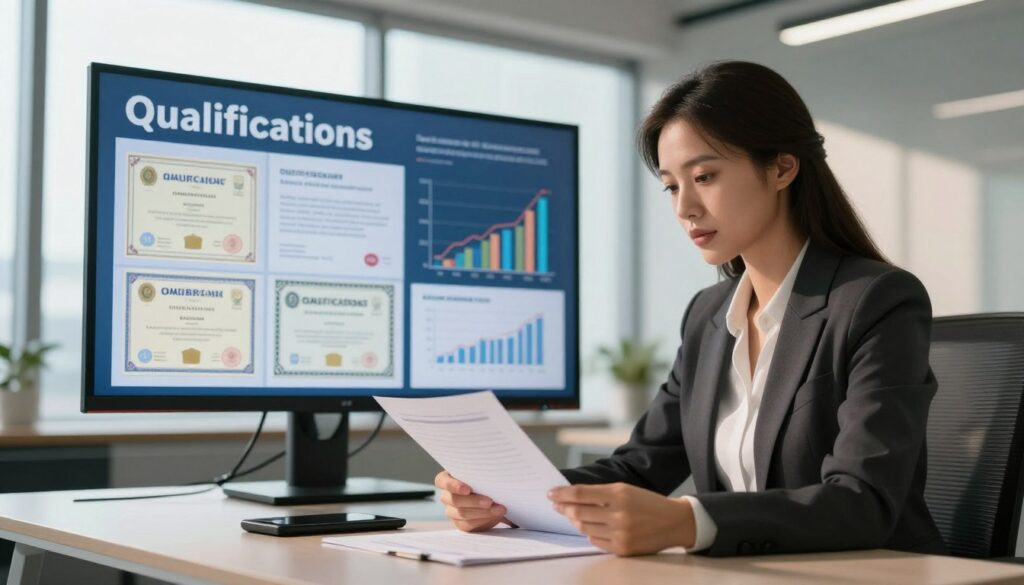 A sophisticated and professional setting depicting the concept of "qualifications" in finance. In the foreground, a confident woman in business attire reviews financial documents at a modern desk, showcasing her expertise. In the middle ground, a large digital screen displays financial graphs and educational diplomas, symbolizing advanced qualifications and skills. The background features a sleek office with tall windows, letting in natural light that casts soft shadows, creating a warm and inviting atmosphere. The angle captures the woman's focused expression, emphasizing professionalism and dedication. Overall, the mood is empowering and inspiring, illustrating the value of qualifications in determining salary for chief accountants.