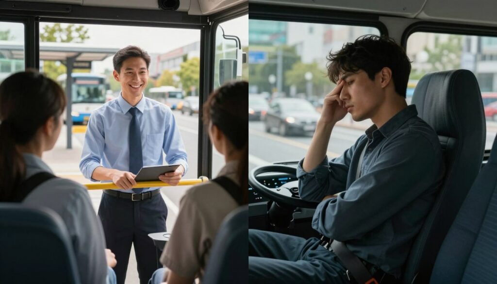 A split image illustrating the pros and cons of being a bus driver. On the left side, a cheerful bus driver in professional attire, smiling while interacting with passengers. Highlight the sense of community and job satisfaction. Bright, warm lighting emphasizes a positive atmosphere. On the right side, a tired bus driver sitting in the driver's seat, gazing out at traffic, depicting stress and fatigue. Dimmer lighting creates a more somber tone. The background features a cityscape with a bus stop and a busy street, blending both sides harmoniously. Capture the contrast between job fulfillment and challenges, conveying both aspects of life as a bus driver in an engaging and meaningful way.