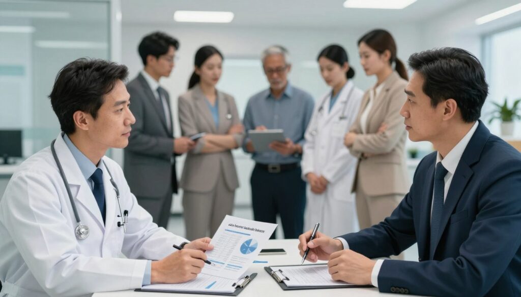 A split imagery composition illustrating "etat kontra kontrakt lekarze" in a professional context. In the foreground, two doctors in business attire, one representing the "etat" model and the other the "kontrakt" model, engaged in a discussion, analyzing charts and salary statistics on a table. The middle ground features a diverse group of healthcare professionals, all dressed in smart casual attire, showcasing teamwork and collaboration. The background captures a modern hospital or medical office environment, with soft lighting emphasizing professionalism. The overall mood is contemplative and informative, reflecting the decision-making process regarding employment models for doctors. Use a shallow depth of field to focus on the foreground with slight blur on the background to create an engaging atmosphere.