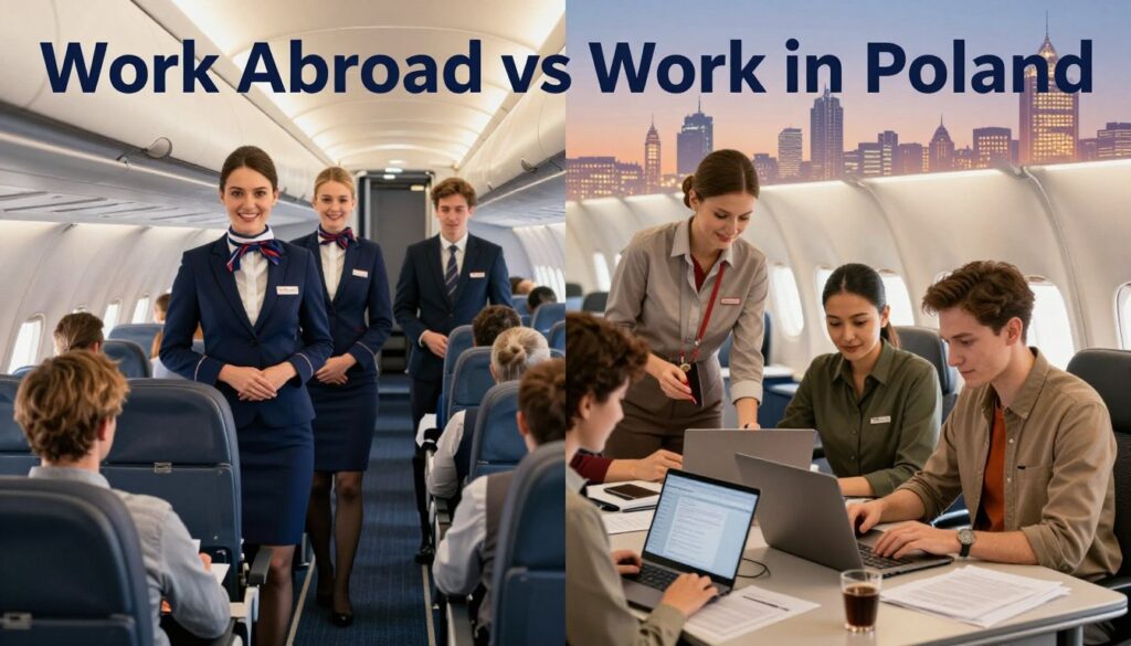 A split scene illustrating "Work Abroad vs Work in Poland." On the left, depict an airplane cabin filled with professional flight attendants in business attire, engaged with passengers and exuding a friendly atmosphere. The cabin should be well-lit, emphasizing a sense of international travel. On the right, show a cozy office in Poland with a team of airline staff in modest casual clothing, working collaboratively around a desk with laptops and paperwork. Natural lighting should filter through a window, creating a warm ambiance. The background should subtly blend contrasting elements of city skylines from different countries, highlighting both environments. The overall mood should reflect aspiration, professionalism, and the comparison of lifestyles, aiming to convey differences in salary and cost of living.