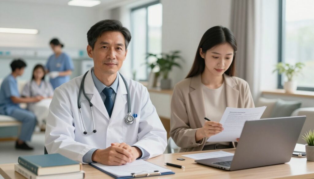 A split scene illustrating the comparison between full-time employment and a B2B contract in the medical field. In the foreground, a confident doctor in professional attire, with a stethoscope around their neck, sits at a desk surrounded by medical textbooks and charts. To the left, a busy hospital environment is shown, with healthcare staff attending to patients, bright overhead lights, and a sense of urgency. To the right, a serene home office setting with a laptop, where a doctor in smart casual clothing reviews contract details, showcasing a more flexible work environment. Soft natural lighting filters in from a window, creating a warm, balanced atmosphere, emphasizing the choices doctors face in their careers during and after residency.
