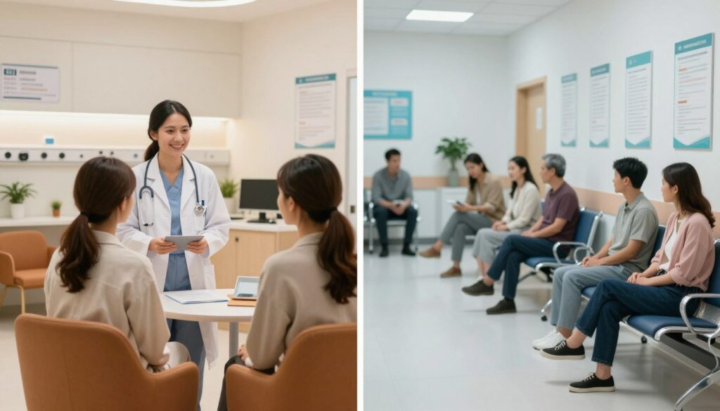 A split-screen comparison image illustrating the differences in healthcare service delivery: On the left, a warm-lit scene of a private clinic waiting room, decorated with modern furniture and soothing colors, featuring a smiling healthcare professional in professional attire, interacting with a patient. On the right, a contrasting, cooler-lit environment showing a public healthcare facility, with slightly more clinical furnishings and a busy atmosphere with a diverse group of patients seated. The background should highlight elements of each setting, like medical charts and equipment in the clinic, and informational posters in the public facility. The overall mood is informative and engaging, capturing the essence of healthcare options.