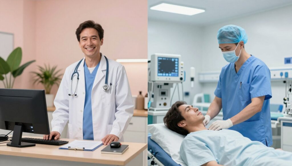 A split-screen image representing a doctor's workplace in a clinic on one side and a hospital on the other. On the clinic side, a physician in professional attire, standing confidently at a well-organized desk with medical charts and a computer, beams with a welcoming smile, surrounded by leafy plants and warm ambient lighting, evoking a friendly atmosphere. On the hospital side, a serious-looking doctor in scrubs is attending to a patient in a bustling emergency room, with bright fluorescent lights and medical equipment in view, highlighting the intensity of hospital life. The background transitions from the calming pastel colors of the clinic to the stark white and blue tones of the hospital, symbolizing their contrasting environments. The overall mood captures the differences in work settings, focusing on professionalism and the healthcare profession.