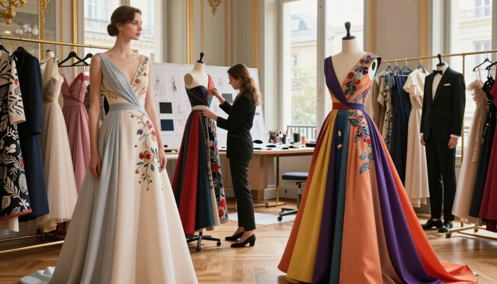 A stunning haute couture fashion scene inside a luxurious Parisian atelier, showcasing a collection of intricately designed gowns and tailored suits. In the foreground, a graceful model poses in an elegant evening dress with flowing fabrics and bold colors, accentuated by delicate embroidery. In the middle, a seamstress is carefully adjusting a garment on a dress form, surrounded by vibrant swatches of fabric and sketches. The background features grand windows allowing soft, natural light to illuminate the intricate details of both the clothing and the surroundings. The atmosphere is one of creativity and timeless elegance, embodying the golden age of haute couture, with a focus on craftsmanship and artistic expression. Shot from a low angle to emphasize the grandeur and artistry of the couture pieces. A stunning haute couture fashion scene inside a luxurious Parisian atelier, showcasing a collection of intricately designed gowns and tailored suits. In the foreground, a graceful model poses in an elegant evening dress with flowing fabrics and bold colors, accentuated by delicate embroidery. In the middle, a seamstress is carefully adjusting a garment on a dress form, surrounded by vibrant swatches of fabric and sketches. The background features grand windows allowing soft, natural light to illuminate the intricate details of both the clothing and the surroundings. The atmosphere is one of creativity and timeless elegance, embodying the golden age of haute couture, with a focus on craftsmanship and artistic expression. Shot from a low angle to emphasize the grandeur and artistry of the couture pieces.