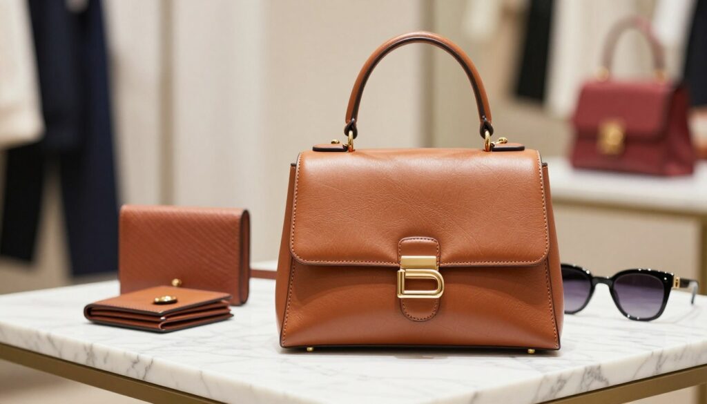 A stylish Briciole handbag displayed elegantly on a marble countertop. The bag features a sleek design with premium leather, showcasing intricate stitching and a modern buckle. In the foreground, the focus is on the handbag, capturing its texture and details under soft, natural lighting. In the middle ground, elegant accessories such as a matching wallet and a pair of chic sunglasses are subtly included, enhancing the luxurious feel. The background is softly blurred with hints of a stylish fashion boutique, suggesting a high-end shopping atmosphere. The overall mood is sophisticated and aspirational, inviting viewers to appreciate the quality and craftsmanship of Briciole products. The scene is captured with a shallow depth of field, emphasizing the handbag in a vibrant yet elegant setting. A stylish Briciole handbag displayed elegantly on a marble countertop. The bag features a sleek design with premium leather, showcasing intricate stitching and a modern buckle. In the foreground, the focus is on the handbag, capturing its texture and details under soft, natural lighting. In the middle ground, elegant accessories such as a matching wallet and a pair of chic sunglasses are subtly included, enhancing the luxurious feel. The background is softly blurred with hints of a stylish fashion boutique, suggesting a high-end shopping atmosphere. The overall mood is sophisticated and aspirational, inviting viewers to appreciate the quality and craftsmanship of Briciole products. The scene is captured with a shallow depth of field, emphasizing the handbag in a vibrant yet elegant setting.