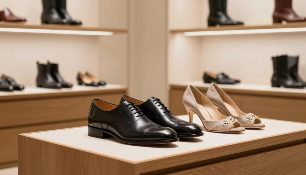 A stylish and elegant shoe display featuring Bugatti footwear for both men and women. In the foreground, showcase a pair of sleek, polished leather shoes for men on a wooden pedestal, and beside it, a fashionable pair of women’s heels with intricate detailing. The middle ground reveals a well-lit, modern boutique setting with a soft, inviting ambiance. Use warm lighting to highlight the quality of the materials and craftsmanship. In the background, blurred shelves filled with a variety of Bugatti shoe styles create a sense of depth. The overall atmosphere should feel sophisticated and chic, conveying the essence of Bugatti’s unique brand identity in the footwear market. A stylish and elegant shoe display featuring Bugatti footwear for both men and women. In the foreground, showcase a pair of sleek, polished leather shoes for men on a wooden pedestal, and beside it, a fashionable pair of women’s heels with intricate detailing. The middle ground reveals a well-lit, modern boutique setting with a soft, inviting ambiance. Use warm lighting to highlight the quality of the materials and craftsmanship. In the background, blurred shelves filled with a variety of Bugatti shoe styles create a sense of depth. The overall atmosphere should feel sophisticated and chic, conveying the essence of Bugatti’s unique brand identity in the footwear market.