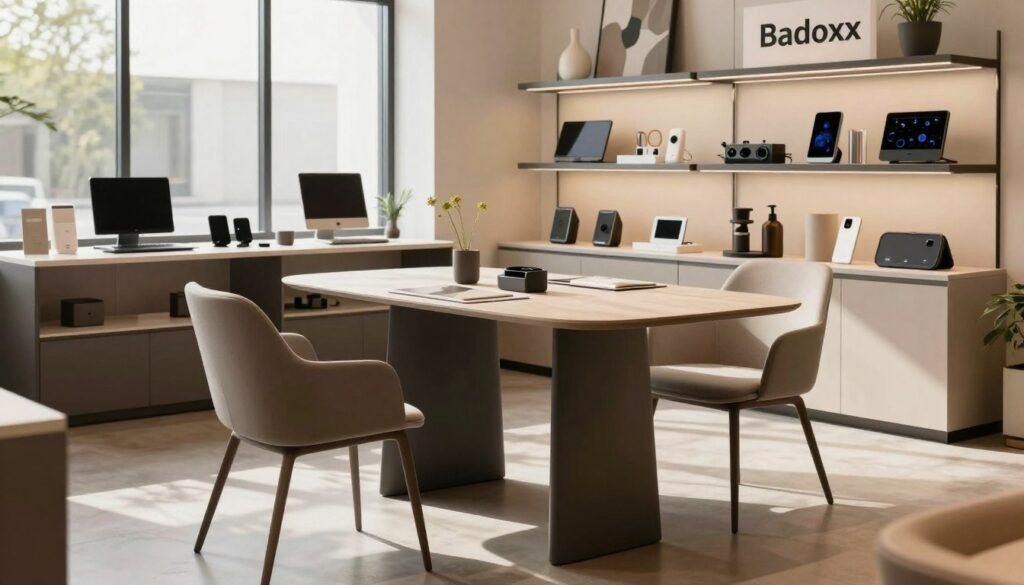 A stylish and modern showroom showcasing Badoxx products, such as elegant furniture or innovative lifestyle items. In the foreground, feature a sleek Badoxx chair and table set, highlighting smooth lines and contemporary design. In the middle ground, display shelves filled with Badoxx brand gadgets and home decor, reflecting Polish craftsmanship and innovation. The background shows a large window with natural light streaming in, creating a warm and inviting atmosphere. Use soft shadows and a focus on warm color tones to evoke a sense of comfort and sophistication. Capture the image from a slightly elevated angle, emphasizing the layout and showcasing the brand's identity. The overall mood should be professional yet welcoming, aligning with Badoxx's market positioning. A stylish and modern showroom showcasing Badoxx products, such as elegant furniture or innovative lifestyle items. In the foreground, feature a sleek Badoxx chair and table set, highlighting smooth lines and contemporary design. In the middle ground, display shelves filled with Badoxx brand gadgets and home decor, reflecting Polish craftsmanship and innovation. The background shows a large window with natural light streaming in, creating a warm and inviting atmosphere. Use soft shadows and a focus on warm color tones to evoke a sense of comfort and sophistication. Capture the image from a slightly elevated angle, emphasizing the layout and showcasing the brand's identity. The overall mood should be professional yet welcoming, aligning with Badoxx's market positioning.