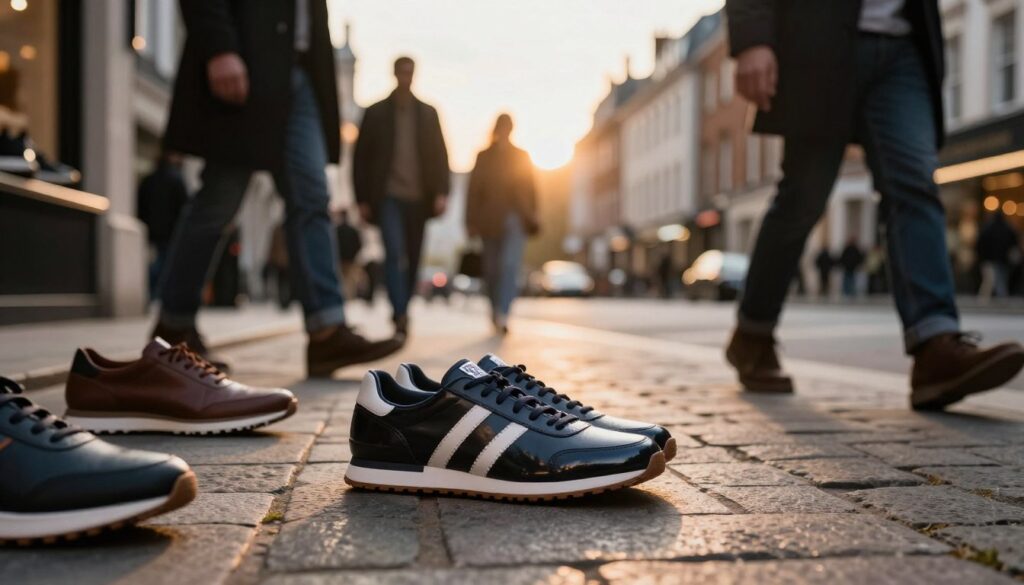 A stylish, detailed display of British Knights footwear in an urban European setting, showcasing a variety of shoe styles including sporty sneakers and casual boots. In the foreground, prominently feature a polished pair of British Knights shoes on a cobblestone street, reflecting the brand's modern aesthetic. In the middle ground, include blurred silhouettes of people walking, dressed in smart casual attire, illustrating the shoe's appeal in a bustling city environment. The background reveals iconic European architecture under a soft sunset, casting warm, golden light that enhances the atmosphere. Use a shallow depth of field to create focus on the shoes while softly blurring the city life around them, conveying a sense of trendy lifestyle and market presence.
