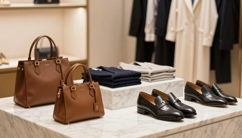 A stylish display of 19V69 Italia products, showcasing a selection of elegant fashion items and accessories. In the foreground, arrange luxury handbags and footwear on a sleek marble counter, emphasizing their rich textures and colors, with subtle reflections. The middle ground features neatly folded garments, like tailored jackets and contemporary dresses, conveying a modern aesthetic. In the background, a softly lit boutique atmosphere, with warm lighting and neutral tones, creates an inviting ambiance. Use a soft-focus lens to highlight product details while ensuring a balanced depth of field. The mood should evoke sophistication and stylish allure, appealing to fashion-conscious consumers. The image must be free of any text or branding overlays, focusing solely on the elegance of the products.