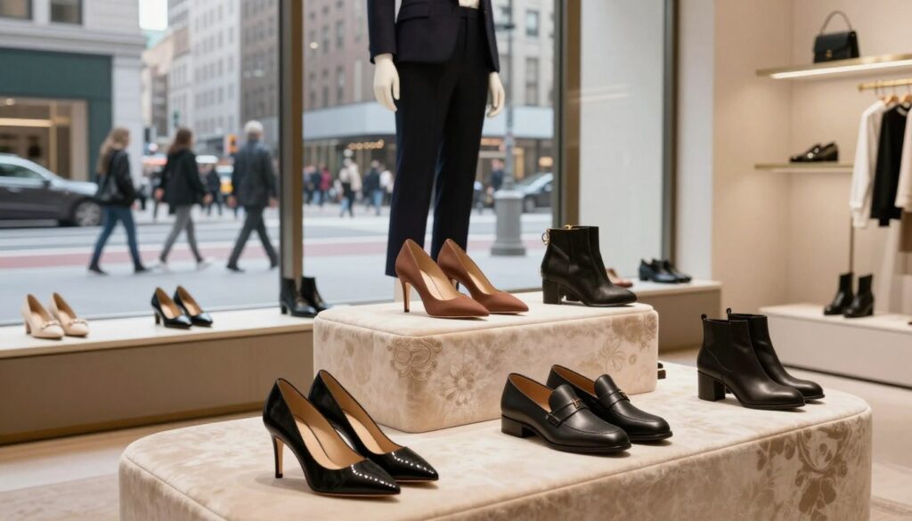 A stylish display of 5th Avenue footwear in a chic boutique setting. In the foreground, a variety of elegant shoes, including high heels, loafers, and ankle boots, arranged artfully on plush, ornate pedestals. The middle includes a fashionable mannequin dressed in professional attire, showcasing a pair of the featured shoes, while soft lighting highlights the textures and colors of the footwear. In the background, large glass windows reveal a glimpse of a bustling city street, filled with pedestrians and tall buildings, creating an urban atmosphere. The overall mood is sophisticated and contemporary, with a focus on quality craftsmanship and fashionable design, ideal for an upscale shopping experience.