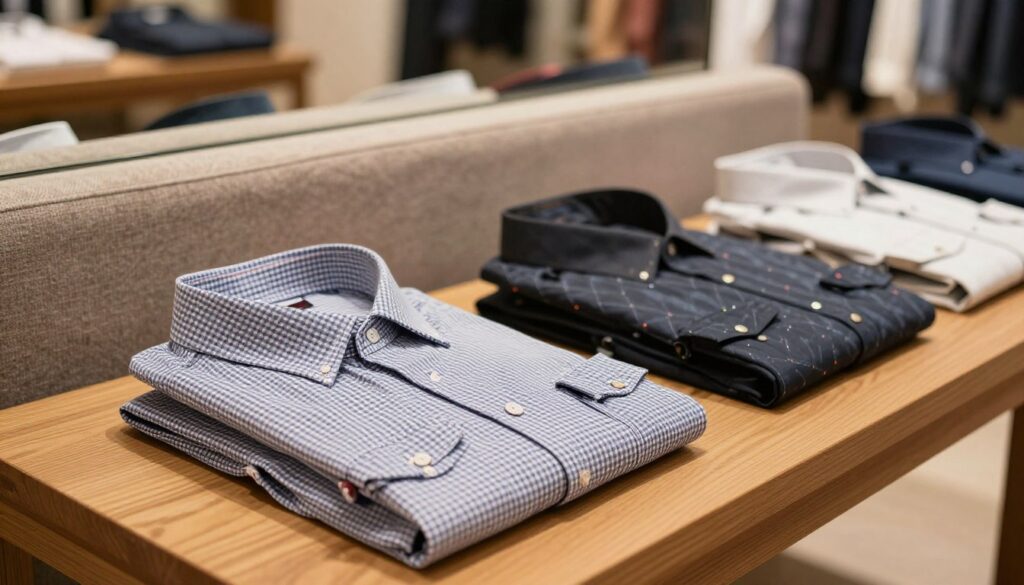 A stylish display of Ben Sherman shirts arranged elegantly on a wooden table, with a soft fabric backdrop in muted tones. In the foreground, a neatly folded checkered shirt is showcased, with the iconic Ben Sherman logo subtly visible on the collar. In the middle ground, additional shirts in various patterns and colors, highlighting the brand’s signature designs. The background features a blurred boutique environment with warm, inviting lighting that creates a sense of luxury and fashion. The images are shot with a shallow depth of field to emphasize the shirts while providing a sense of richness and warmth to the overall scene. The mood is sophisticated yet approachable, ideal for showcasing these essential wardrobe staples.