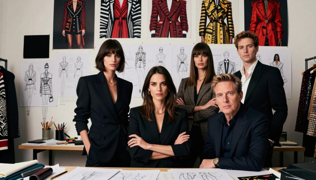 A stylish group of fashion directors, showcasing the evolution of Balmain’s signature style after Pierre Balmain. In the foreground, three professionals, a man and two women, dressed in elegant, modern business attire, exuding confidence and creativity. The middle layer features a luxurious fashion studio with sketches and fabric swatches surrounding them, illustrating the design process. The background includes mood boards filled with iconic Balmain motifs, such as bold patterns and rich textures. The lighting is soft yet dramatic, enhancing the textures and colors of the fabrics. The scene captures an atmosphere of innovation and sophistication, reflecting the dynamic world of high fashion. The camera angle is from a low perspective, focusing on the directors' expressions and the vibrant workspace, creating an immersive sense of involvement in the fashion industry.