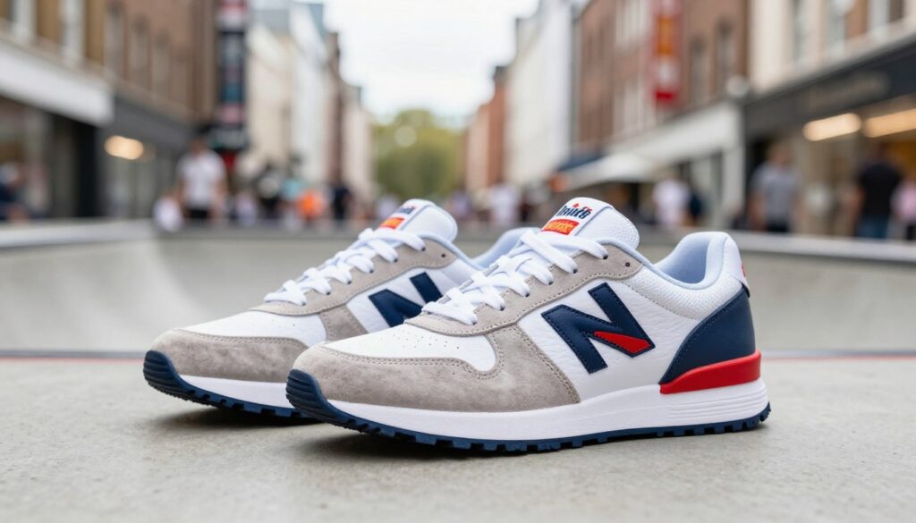 A stylish pair of British Knights sneakers displayed prominently in the foreground, showcasing their unique design and branding. The shoes are placed on a clean, textured surface to emphasize their details, such as the logo, vibrant colors, and contemporary styling. In the middle ground, a subtle blurred effect gives a hint of an urban environment, perhaps a city street or a skate park, where youth culture thrives. The background features softly lit buildings that suggest a bustling city vibe, creating an energetic atmosphere. The lighting is bright but soft, reflecting a cheerful day, highlighting the shoes’ athletic and trendy appeal. The overall mood is dynamic and youthful, capturing the essence of British Knights as a trendy footwear brand.