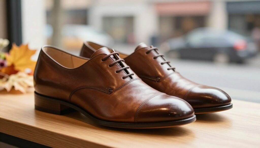 A stylish pair of Caprice półbuty set against a softly blurred urban background, showcasing their elegant design and quality craftsmanship. The shoes are placed prominently on a light wooden surface, with natural sunlight gently illuminating their rich leather texture and subtle detailing. In the middle ground, hints of seasonal decor, like autumn leaves or spring flowers, suggest versatility for various occasions as they transition softly into focus. The angle captures the shoes from a slightly elevated perspective, emphasizing their sleek silhouette. The overall mood is inviting and sophisticated, conveying a sense of timeless fashion. The lighting is warm and inviting, creating a pleasant atmosphere that highlights the shoes without distractions.