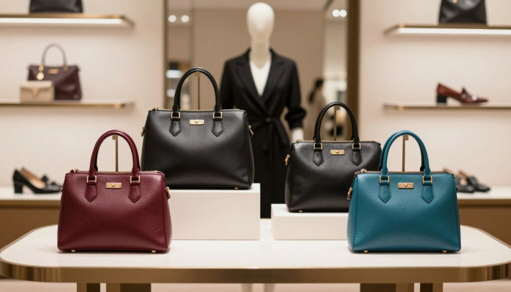 A stylish, upscale scene featuring a selection of elegant 5th Avenue handbags displayed creatively on a chic boutique table. In the foreground, a variety of textured leather bags in colors like deep burgundy, classic black, and vibrant teal are attractively arranged, showcasing their intricate designs. The middle ground includes a softly blurred mannequin dressed in a fashionable outfit that complements the handbags, emphasizing modern fashion trends. In the background, the boutique's sophisticated interior is adorned with sleek, minimalist decor and soft, warm lighting that enhances the luxurious atmosphere. The scene captures a sense of elegance and style, inviting viewers to consider the handbags as essential accessories for complementing sophisticated footwear.