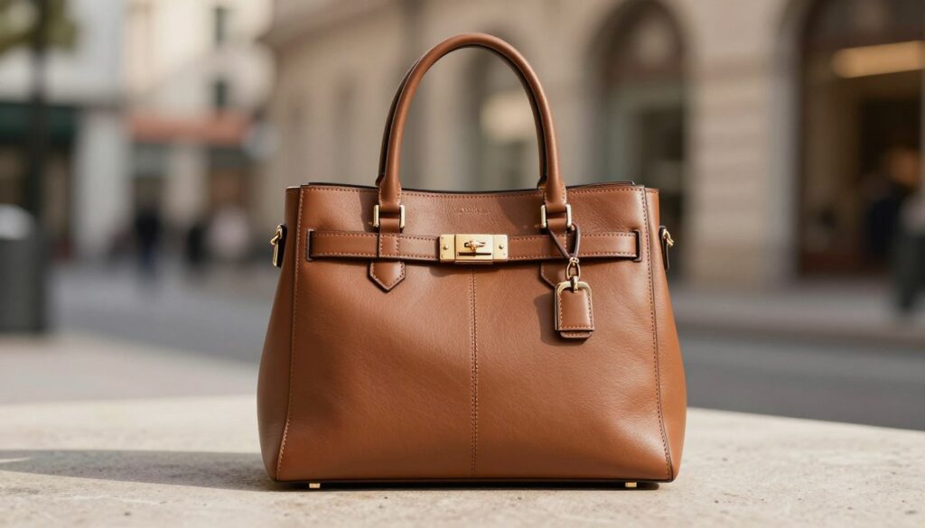 A stylish women's handbag from the Briciole collection, featuring a sleek, modern design with a blend of rich leather and elegant hardware. In the foreground, the handbag is placed on a soft, textured surface, showcasing its intricate details, including polished buckles and subtle stitching. The middle ground reveals a softly blurred urban backdrop, hinting at a fashionable lifestyle, with warm, natural lighting casting soft shadows. The overall atmosphere is chic and sophisticated, evoking a sense of luxury and everyday practicality. A depth of field effect creates a focus on the handbag, allowing its elegance to stand out. No people are present, ensuring the focus remains solely on the handbag design, free of any text or overlays. A stylish women's handbag from the Briciole collection, featuring a sleek, modern design with a blend of rich leather and elegant hardware. In the foreground, the handbag is placed on a soft, textured surface, showcasing its intricate details, including polished buckles and subtle stitching. The middle ground reveals a softly blurred urban backdrop, hinting at a fashionable lifestyle, with warm, natural lighting casting soft shadows. The overall atmosphere is chic and sophisticated, evoking a sense of luxury and everyday practicality. A depth of field effect creates a focus on the handbag, allowing its elegance to stand out. No people are present, ensuring the focus remains solely on the handbag design, free of any text or overlays.