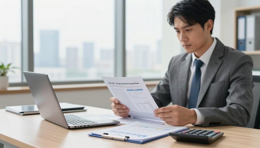 A stylized representation of the "GUS II kwartał podstawa wynagrodzenia" concept, featuring a modern office environment. In the foreground, a neatly arranged desk with a laptop, financial reports, and a calculator, all symbolizing salary computations. In the middle ground, a professional-looking individual in business attire, reviewing the documents with a focused expression. In the background, a large window showcasing a skyline view, allowing natural light to flood the scene, creating a bright and optimistic atmosphere. The overall mood should feel analytical and professional, evoking a sense of seriousness and clarity about financial matters. Use soft lighting to enhance details and provide a warm yet corporate ambiance.