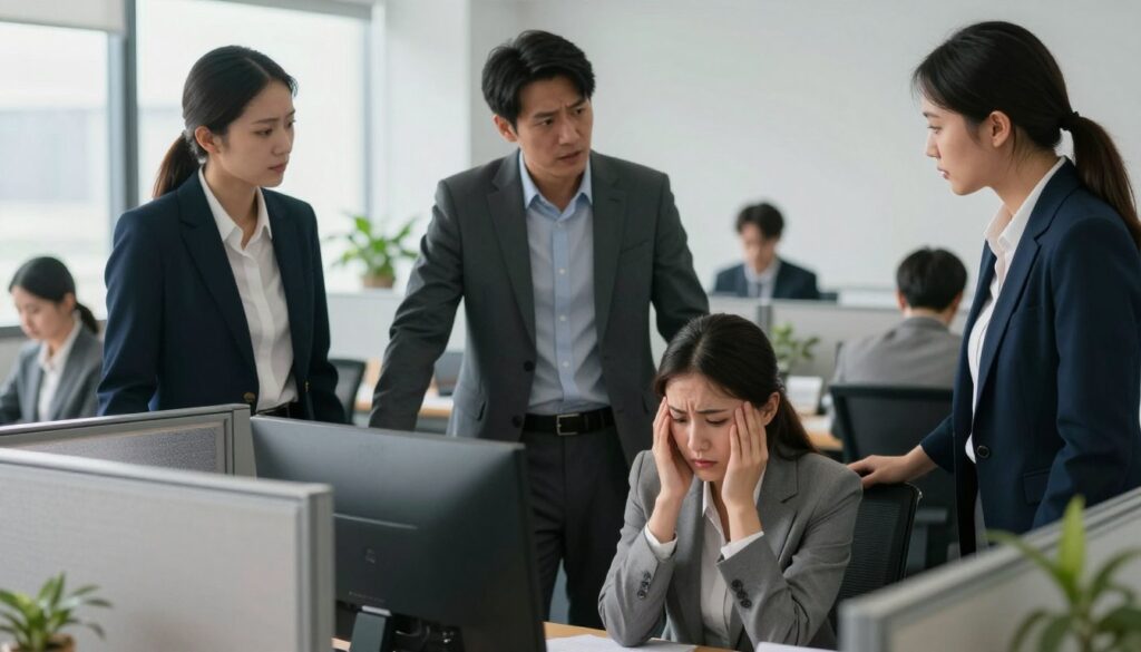 A tense office scene depicting workplace mobbing, with three employees in professional business attire. In the foreground, a visibly distressed employee, a woman with dark hair, sits at her desk in a cubicle, her expression showing fear and anxiety as she receives disparaging remarks from two colleagues nearby. In the middle, the two colleagues, one man and one woman, convey a sense of superiority as they interact, their body language suggesting mockery. In the background, blurred silhouettes of other employees working silently, unaware of the drama unfolding. The office environment is well-lit, with natural light streaming through large windows, casting shadows that add depth to the scene. The mood is somber yet thought-provoking, emphasizing the emotional strain of bullying in the workplace.