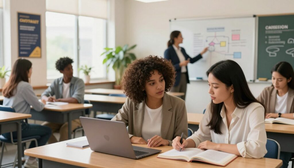 A thoughtful classroom scene in a modern post-secondary vocational school, showcasing diverse students actively engaged in learning. In the foreground, two focused female students, one with curly hair wearing business casual attire and another with straight hair in a smart blouse, are studying together over an open textbook and a laptop. In the middle ground, a teacher, dressed in professional attire, is explaining a concept using a whiteboard filled with diagrams related to career paths and post-graduation opportunities. The background features rows of desks, a large window letting in soft natural light, plants adding a touch of greenery, and motivational posters about education and career development on the walls. The atmosphere is one of collaboration, focus, and aspiration, with a warm color palette enhancing the positive vibe.