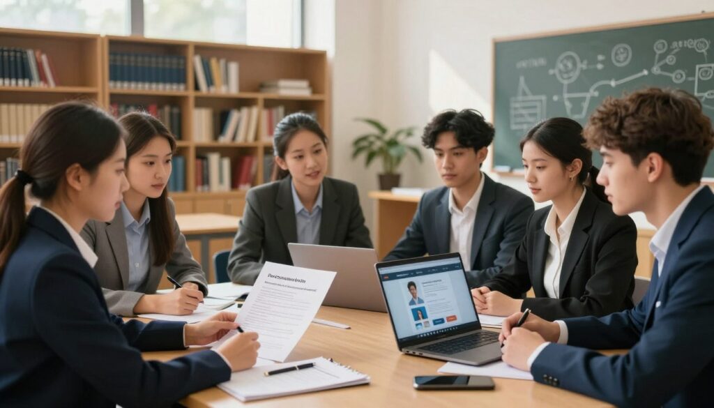 A thoughtful scene depicting the formal conditions for higher education in Poland after vocational training. In the foreground, a diverse group of young adults, dressed in professional business attire, are engaged in a discussion, looking at a document that outlines admission requirements. In the middle, a large table is adorned with academic materials, laptops, and a laptop displaying an online educational platform. The background features a well-lit university setting with shelves full of books and a chalkboard with academic symbols, creating a scholarly atmosphere. Soft, natural lighting filters through large windows, casting a warm glow on the scene, emphasizing a sense of hope and opportunity for future studies.
