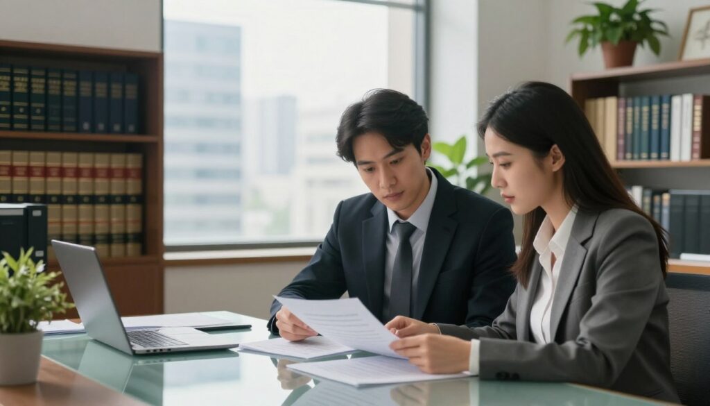 A thoughtful scene set in a modern office environment, illustrating the concept of "employment relationship." In the foreground, two professionals, a man and a woman, both dressed in smart business attire, review documents on a glass table, embodying collaboration and clarity in understanding their work responsibilities. In the middle ground, a large window reveals a cityscape, symbolizing the broader implications of employment law. The background features shelves filled with legal books and a potted plant, portraying a serious yet welcoming atmosphere. Soft, natural lighting floods the room, casting gentle shadows, creating an inviting and professional mood, while a camera angle slightly above eye level captures both the subjects and their surroundings in a balanced composition.