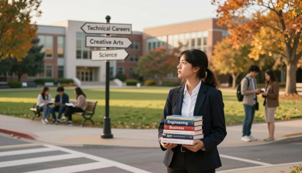 A thoughtful student stands at a crossroads in a serene park, contemplating the future direction of their studies. In the foreground, the student is dressed in professional business attire, holding a stack of books titled with various fields of study such as "Engineering," "Business," and "Art." The middle ground features a signpost with arrows pointing in different directions: "Technical Careers," "Creative Arts," and "Science." In the background, a university campus can be seen with modern architecture and students engaging in discussions under vibrant autumn foliage. The scene is illuminated by soft, golden hour lighting, creating a warm and inspirational atmosphere. The overall composition conveys a sense of choice and reflection, encouraging the viewer to consider the possibilities after technical school.