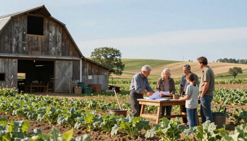 A tranquil agricultural scene depicting a family farm, showcasing a rustic barn and expansive fields of crops in the foreground, with a clear blue sky overhead. In the middle ground, a farmer in modest, practical clothing examines documents at a wooden table, hinting at the significance of proving agricultural work for pension purposes. Surrounding him are tools and witnesses, also dressed in simple attire, engaged in conversation, reflecting collaboration and community. The background features gently rolling hills and a few trees, creating a serene, productive atmosphere. Soft, warm lighting enhances the peaceful mood, with a focus on the interpersonal dynamics and the essence of farm life. The angle captures a slight depth, emphasizing connection to the land and the importance of documentation in rural work.