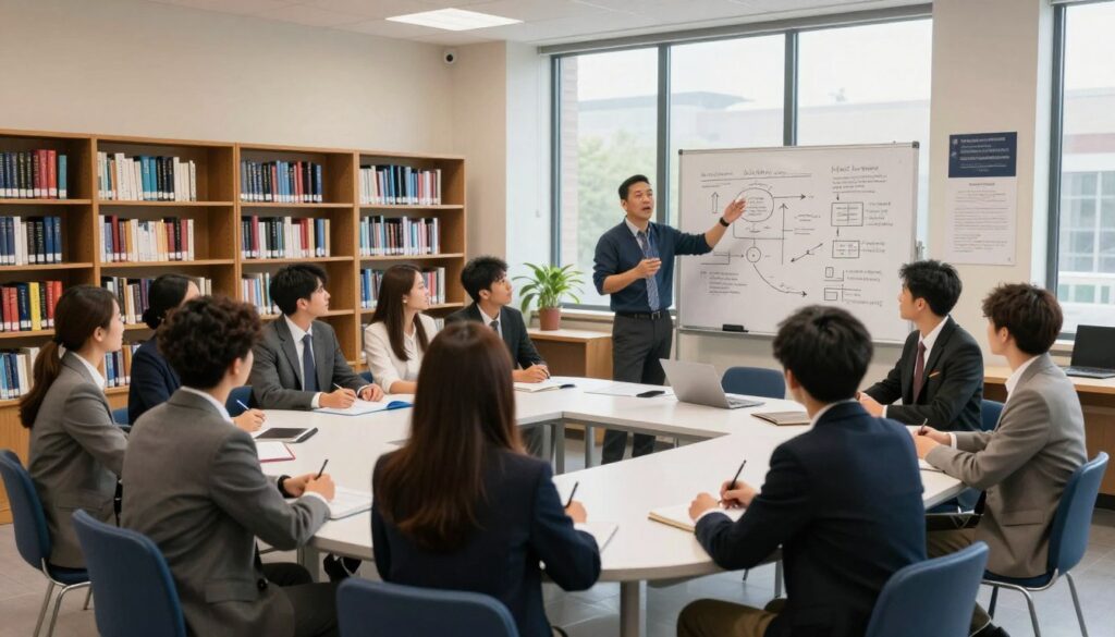 A university classroom scene depicting a variety of engaging activities such as lectures, group exercises, and hands-on workshops. In the foreground, a diverse group of students sits attentively in professional business attire, taking notes and participating in discussions around a large table. In the middle, a knowledgeable instructor stands at the front, gesturing enthusiastically, with a whiteboard filled with diagrams and key points. The background features tall bookshelves filled with academic texts, a large window allowing natural light to illuminate the room, and various educational posters on the walls. The overall atmosphere should be focused and inspiring, capturing the essence of an academic setting during a semester, with warm, bright lighting highlighting the engagement and collaboration among students.