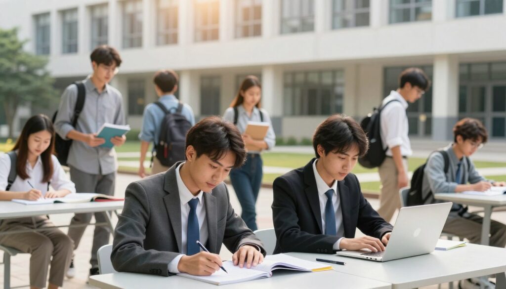 A university environment depicting a diverse group of students engaged in various activities related to their daily studies. In the foreground, two students are sitting at a table, one reviewing notes, and the other typing on a laptop, both dressed in professional business attire. In the middle ground, other students can be seen walking between lecture halls, with books and backpacks, showcasing the hustle and bustle of campus life. The background features a modern university building with large windows letting in warm sunlight, creating a bright and inviting atmosphere. The scene conveys a sense of focus, determination, and collaboration among students, encapsulating the essence of daily studies. The lighting is bright and natural, enhancing the vibrancy of the campus life.