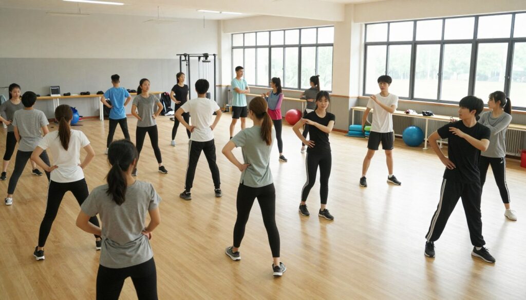 A university gymnasium filled with students participating in a physical education class. In the foreground, a diverse group of students, dressed in modest athletic wear, engages in various exercises such as stretching and jogging. A female instructor demonstrates proper techniques to a small group, emphasizing teamwork and sportsmanship. The middle ground captures students interacting, showing camaraderie and determination. The background features gym equipment and a large window allowing natural light to illuminate the space, enhancing a sense of vitality and support for fitness education. The mood is uplifting and focused, reflecting the importance of physical education in college life. Use a wide-angle lens perspective to encompass the dynamic environment.