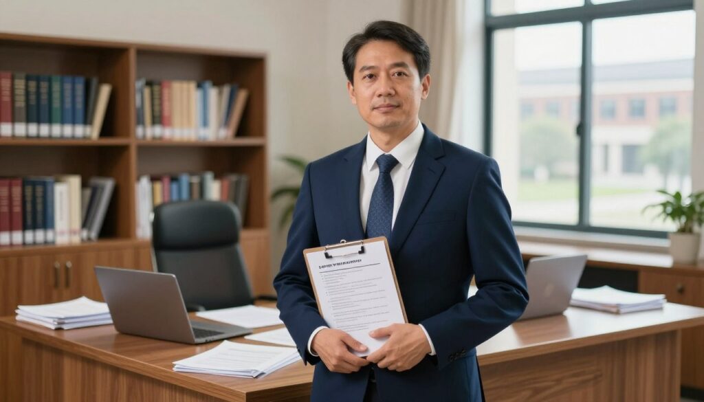 A university rector standing confidently in an office setting, wearing a sharp navy business suit with a crisp white shirt and a distinguished tie. The foreground showcases the rector, who has a thoughtful expression, holding a clipboard with safety protocols. In the middle ground, a large wooden desk is cluttered with paperwork and a laptop, symbolizing administrative duties. The background features bookshelves filled with academic books and a window showing a glimpse of the university campus. Soft, natural light streams in through the window, creating a warm and professional atmosphere. The scene conveys a sense of authority and responsibility in overseeing workplace safety and health within the academic environment, highlighting the rector's role in ensuring compliance and organizational oversight. A university rector standing confidently in an office setting, wearing a sharp navy business suit with a crisp white shirt and a distinguished tie. The foreground showcases the rector, who has a thoughtful expression, holding a clipboard with safety protocols. In the middle ground, a large wooden desk is cluttered with paperwork and a laptop, symbolizing administrative duties. The background features bookshelves filled with academic books and a window showing a glimpse of the university campus. Soft, natural light streams in through the window, creating a warm and professional atmosphere. The scene conveys a sense of authority and responsibility in overseeing workplace safety and health within the academic environment, highlighting the rector's role in ensuring compliance and organizational oversight.