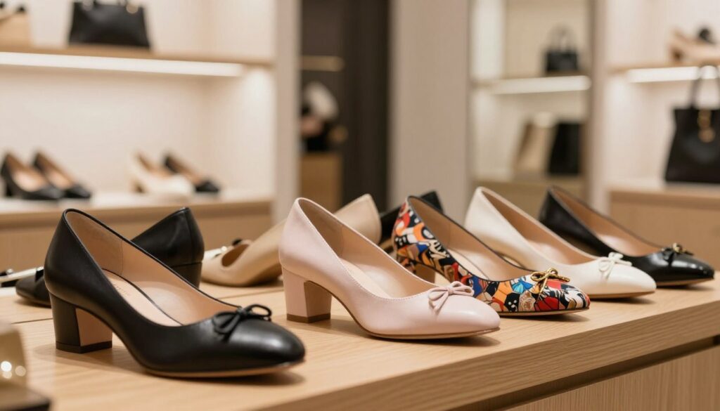 A variety of elegant Azarey shoes displayed prominently on a sleek wooden surface in the foreground, showcasing unique designs and high-quality materials. The shoes feature a range of colors including classic black, trendy pastels, and vibrant patterns, all emphasizing craftsmanship. In the middle ground, a blurred backdrop reveals a modern, stylish boutique, emphasizing a luxurious shopping experience. Soft, warm lighting creates an inviting atmosphere, highlighting the textures and details of the footwear. The angle captures both the intricacy of the shoe designs and the ambiance of the store, suggesting sophistication and innovation. The overall mood is chic and contemporary, reflecting the brand's unique appeal in the competitive footwear market. A variety of elegant Azarey shoes displayed prominently on a sleek wooden surface in the foreground, showcasing unique designs and high-quality materials. The shoes feature a range of colors including classic black, trendy pastels, and vibrant patterns, all emphasizing craftsmanship. In the middle ground, a blurred backdrop reveals a modern, stylish boutique, emphasizing a luxurious shopping experience. Soft, warm lighting creates an inviting atmosphere, highlighting the textures and details of the footwear. The angle captures both the intricacy of the shoe designs and the ambiance of the store, suggesting sophistication and innovation. The overall mood is chic and contemporary, reflecting the brand's unique appeal in the competitive footwear market.