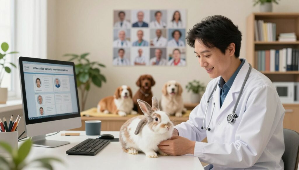 A veterinarian's workspace that embodies "alternative paths in veterinary medicine." In the foreground, a compassionate veterinarian in professional attire examines a small animal, a rabbit, illustrating personal care. In the middle ground, various elements like a computer with charts displaying different career options, a pet therapy area with happy animals, and shelves filled with books on specialized veterinary practices. The background features a welcoming clinic environment with soft lighting, plants for a calming atmosphere, and an inspirational wall collage showcasing veterinary achievements. Use warm tones to evoke a sense of hope and opportunity, with a slightly blurred depth of field to focus on the veterinarian's interaction with the animal, highlighting a modern, innovative approach to veterinary career paths.