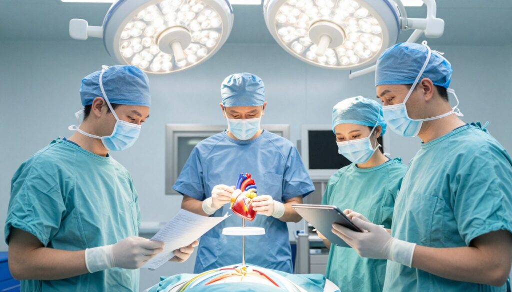 A vibrant and informative scene depicting various surgeons in a hospital setting, focusing on different specializations. In the foreground, a general surgeon in scrubs examines a medical chart, while a neuro surgeon with a surgical cap studies a brain scan on a digital tablet. The middle ground features a cardiothoracic surgeon in a focused stance, observing a heart model, alongside a plastic surgeon discussing patient imagery. The background shows a clean, modern operating room with surgical lights casting bright, clinical lighting. The atmosphere is professional and collaborative, emphasizing the differences in surgical specialties while maintaining an optimistic and dedicated mood. The image should be realistic with sharp details, showcasing the diversity of surgical fields and their environments.