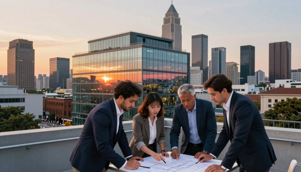 A vibrant city skyline at sunset, showcasing a blend of modern and traditional architecture. In the foreground, a diverse group of three architects in professional business attire—two men and one woman—discuss blueprints on a large table, radiating focus and collaboration. The middle ground features a contemporary office building with large glass windows reflecting the colorful sunset, symbolizing innovation and opportunity in urban architectural design. The background showcases a bustling cityscape with various architectural styles, emphasizing the theme of specialization within different urban settings. The scene is illuminated by warm, ambient lighting, creating a hopeful and aspirational atmosphere, highlighting the potential impact of experience, specialization, and location on an architect's career.